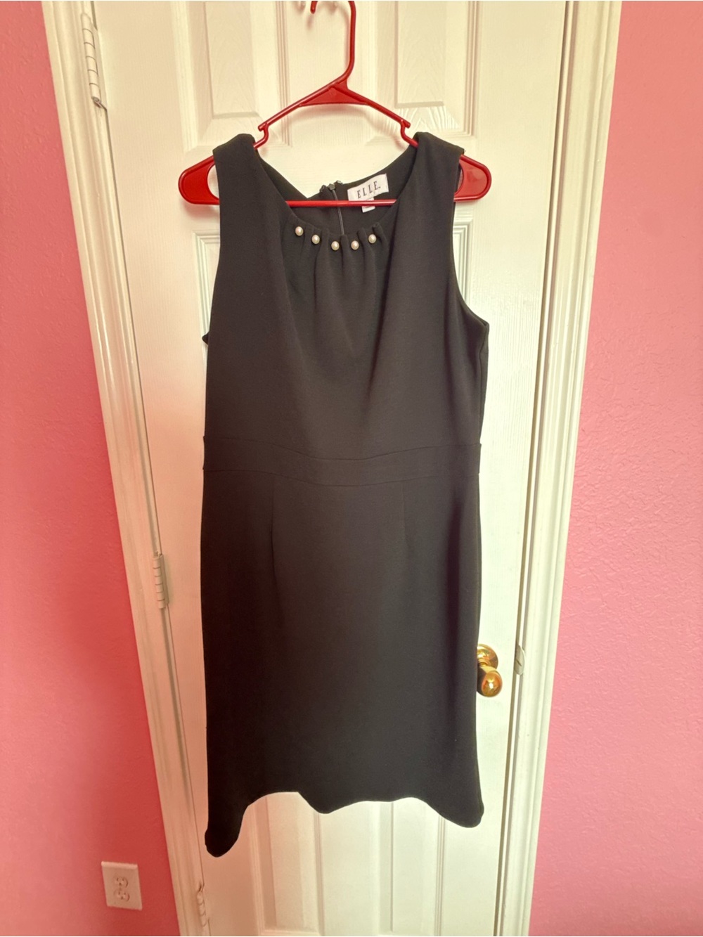 Elle Black Sleeveless Sheath Dress with Pearl Neckline Detail